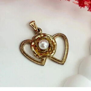 Gold Toned Double Heart Floral + Pearl Vintage Pendant | trinket | charm
